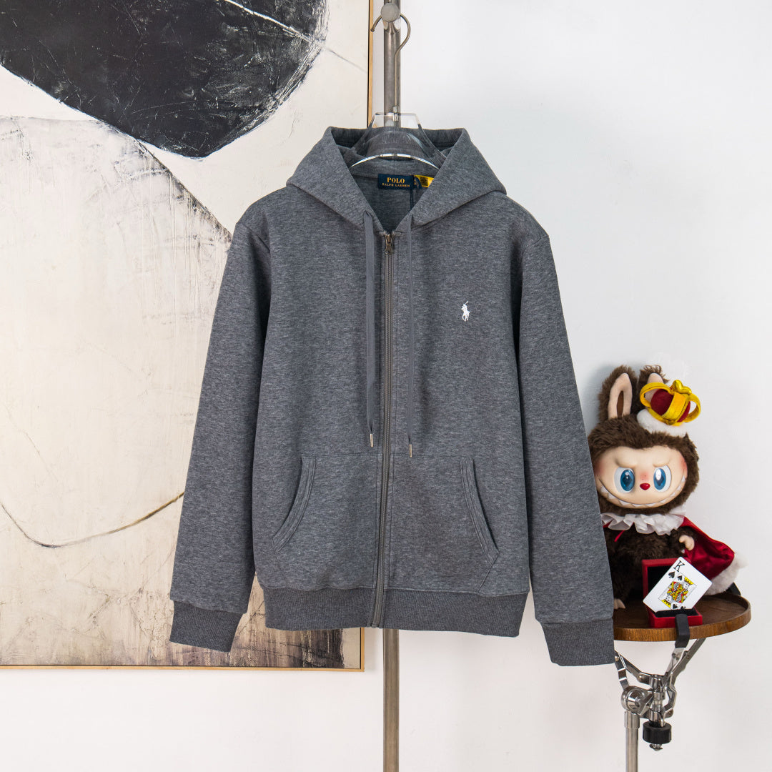 Men's zip-up hoodie in dark heather gray with drawstring hood and Polo logo