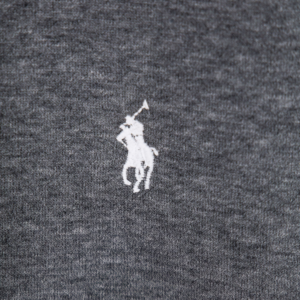 Heather gray hoodie chest with small embroidered Polo rider logo
