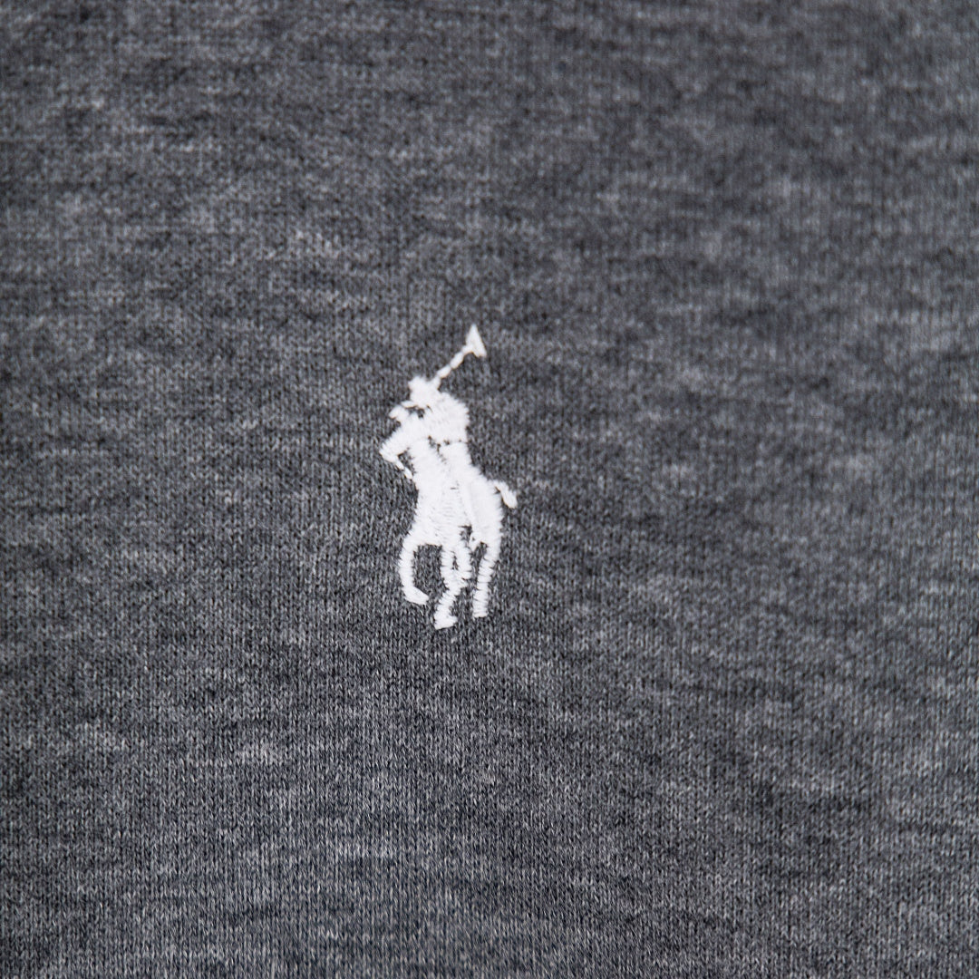 Heather gray hoodie chest with small embroidered Polo rider logo