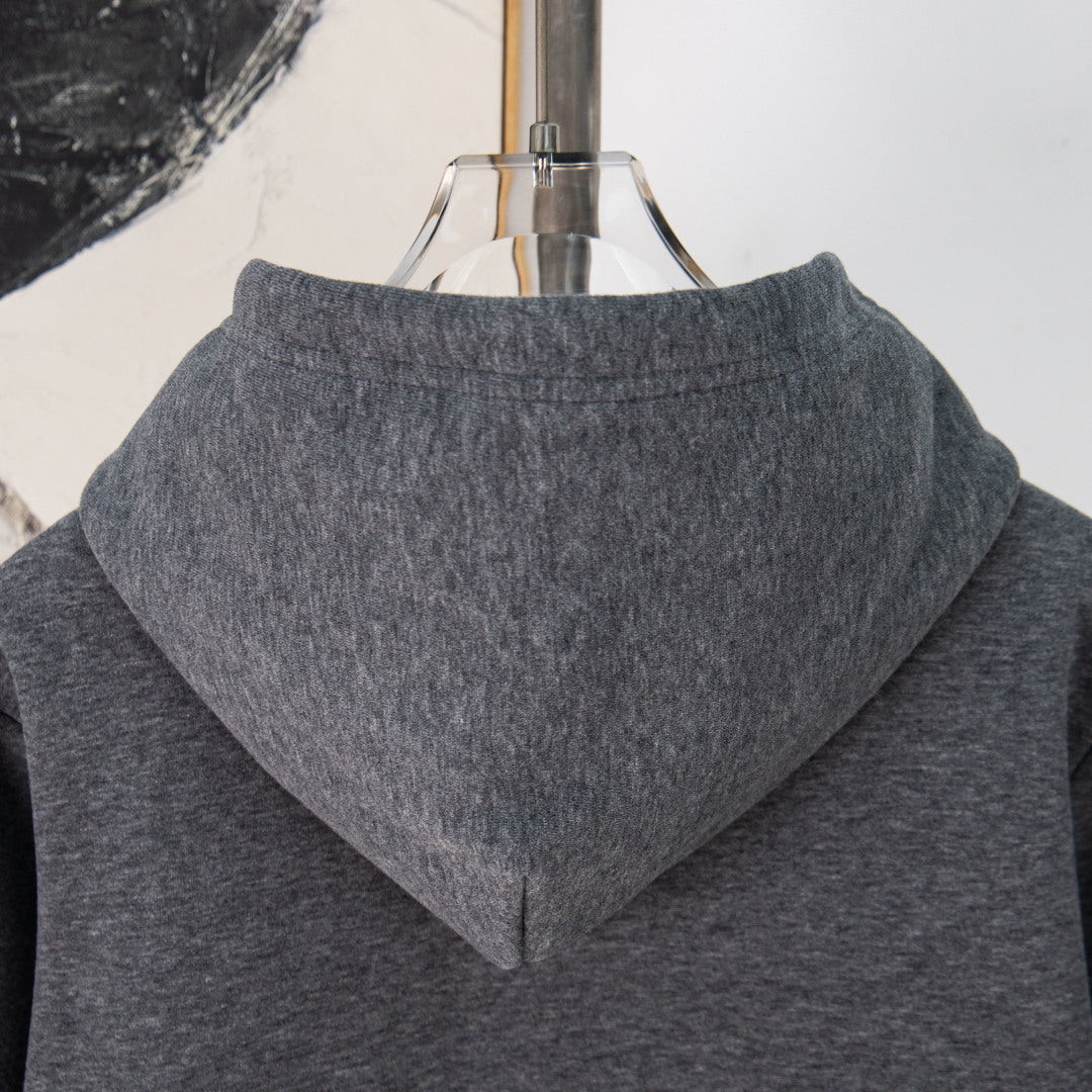 Dark heather gray hooded sweatshirt with front hood