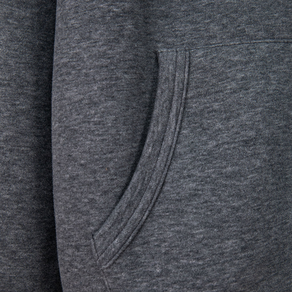 Heather gray hoodie with stitched seam and front pocket detail