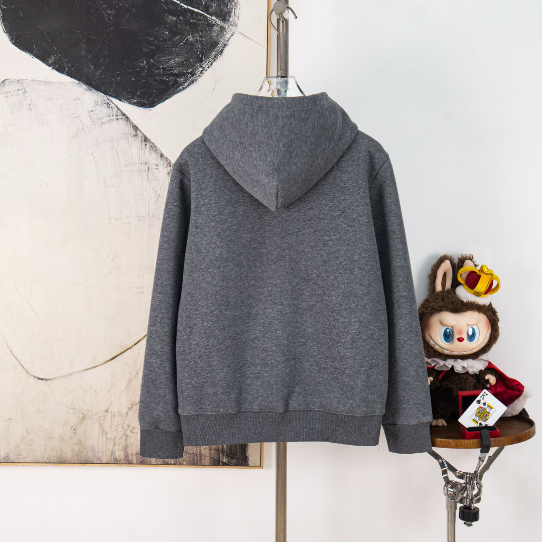 Dark heather gray hooded sweatshirt with long sleeves