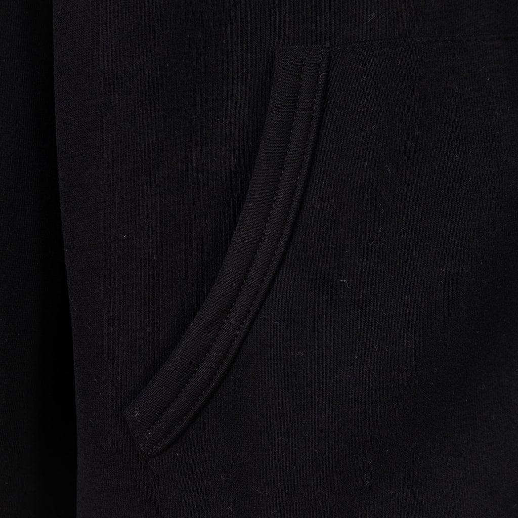 Black hoodie side pocket with curved seam detail