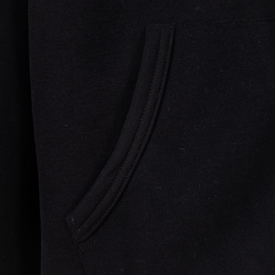 Black hoodie side pocket with curved seam detail