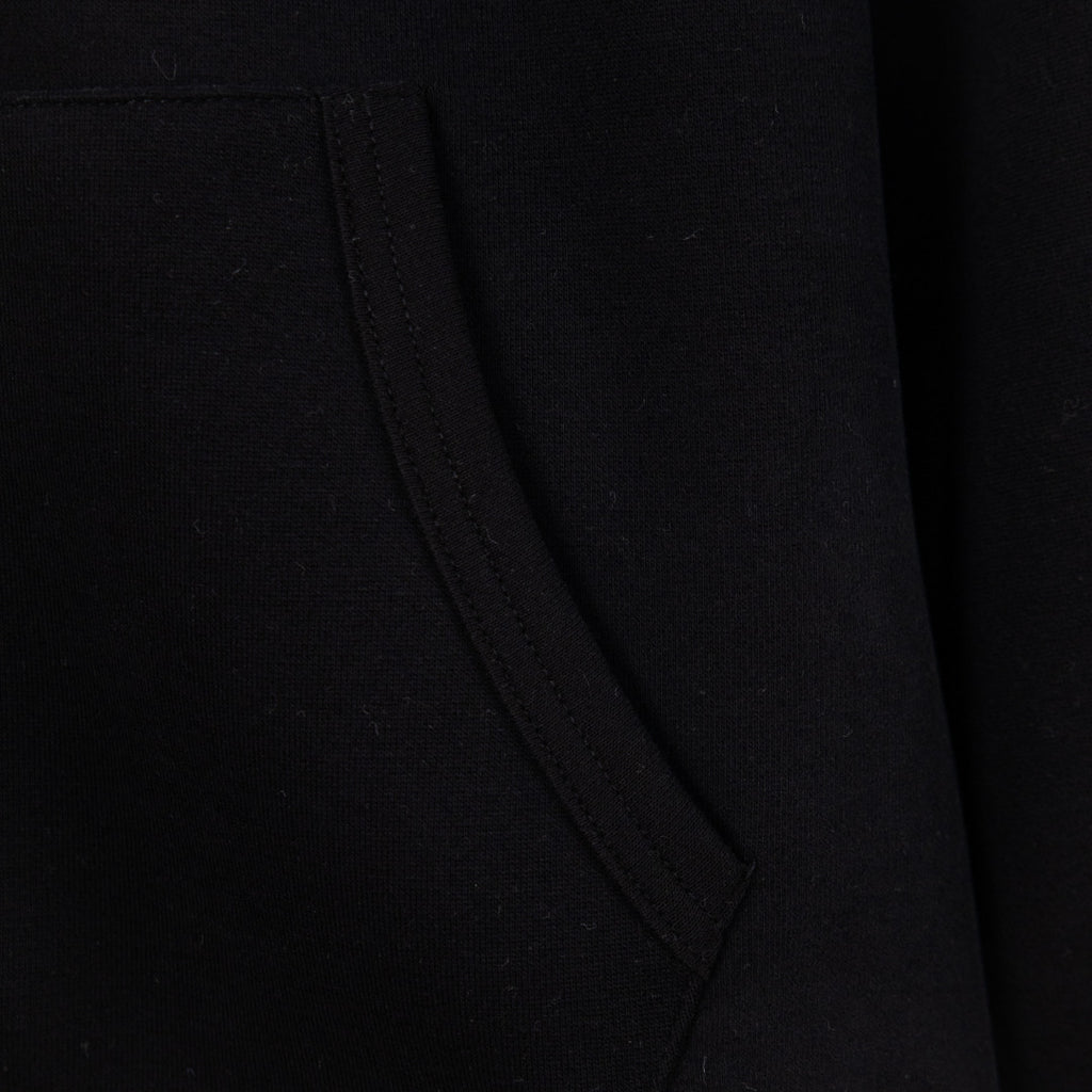 Black hoodie side seam and stitched pocket opening