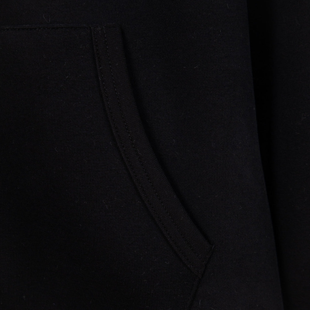 Black hoodie side seam and stitched pocket opening