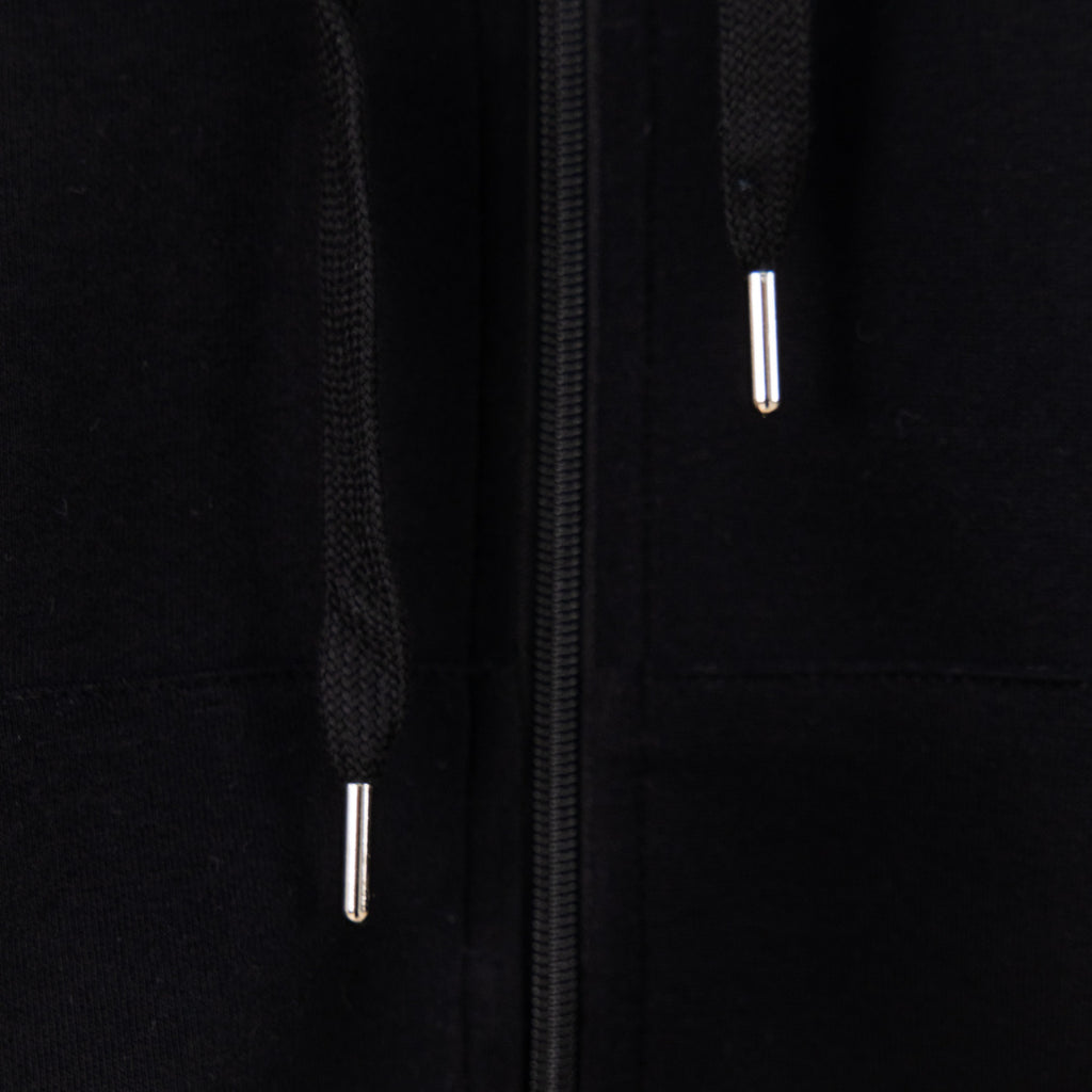 Black hoodie center front zipper with metal teeth and pull