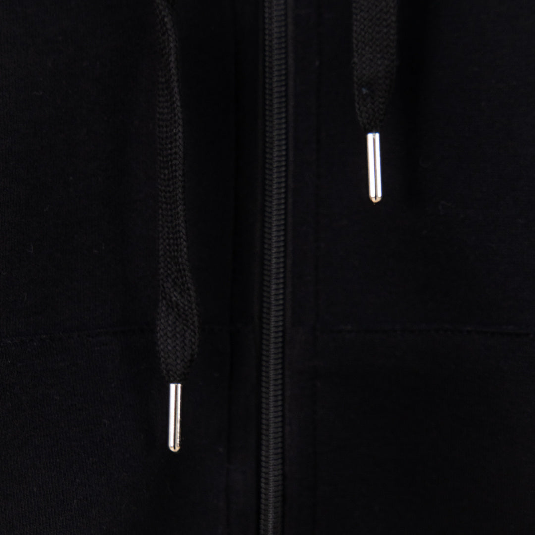 Black hoodie center front zipper with metal teeth and pull