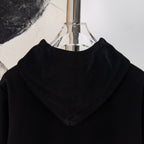 Black hooded sweatshirt with front zipper and kangaroo pocket
