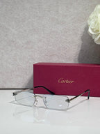 Metal-framed eyeglasses with clear lenses and black temples