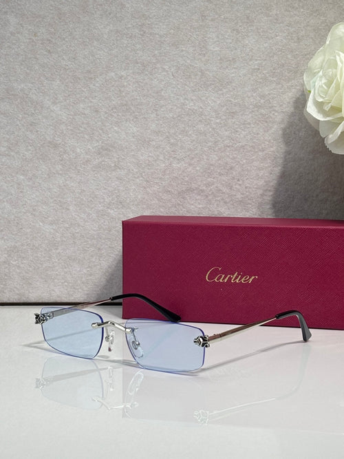 Metal-framed eyeglasses with light blue-tinted lenses and thin black temples