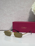 Metal-framed eyeglasses with olive-tinted lenses and thin black temples