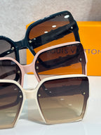 Louis Vuitton square sunglasses set with dark lenses and blue and white frames