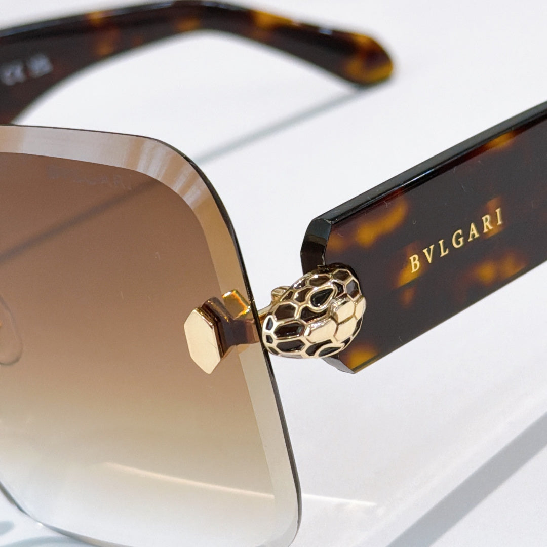 Bvlgari tortoiseshell sunglasses close-up with gold logo hinge medallion