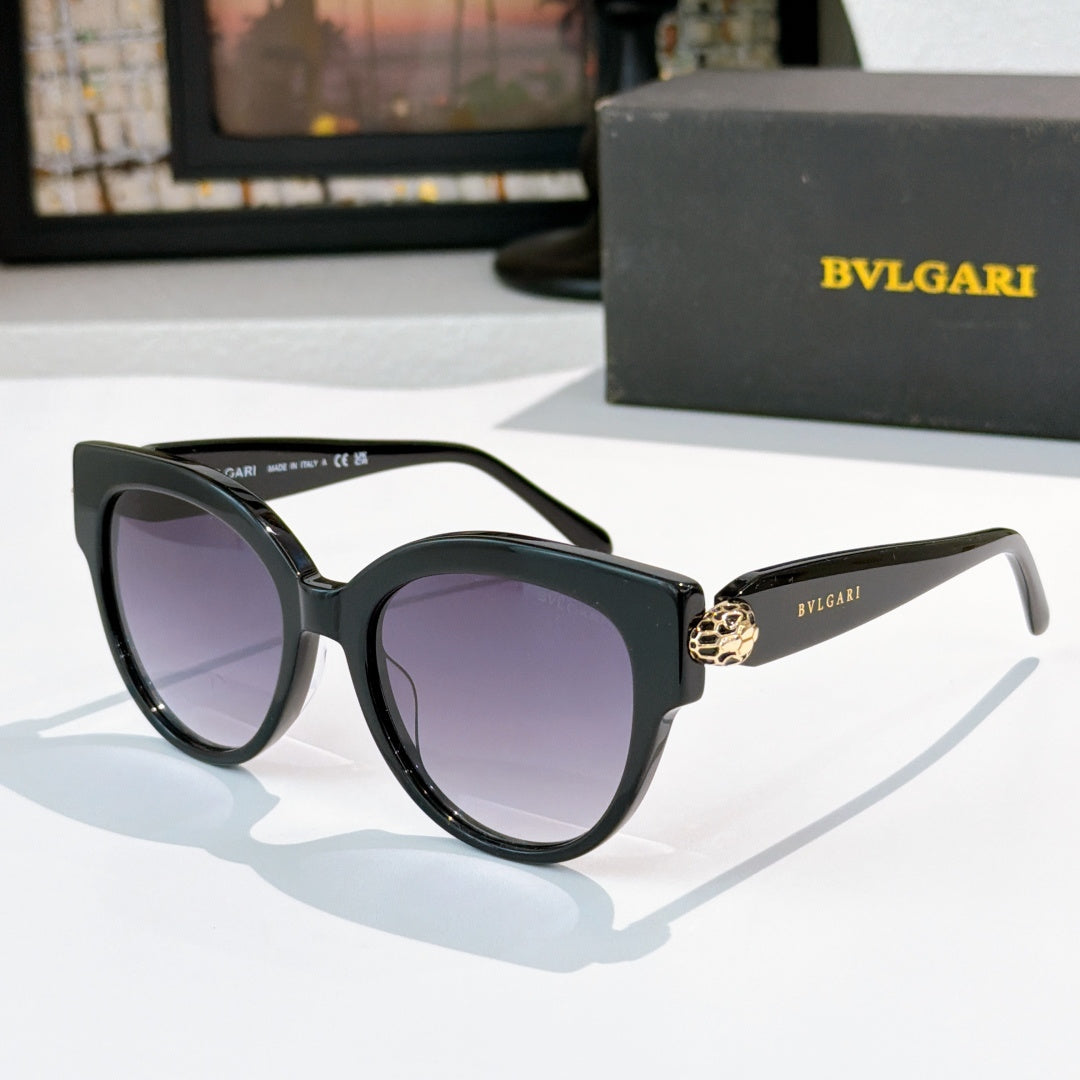 Sunglasses with black frames and purple tinted lenses, BVLGARI side logo