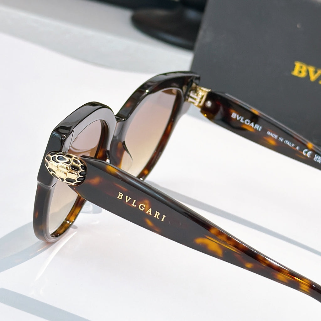 Sunglasses close-up of tortoiseshell temple with BVLGARI logo and gold hinge
