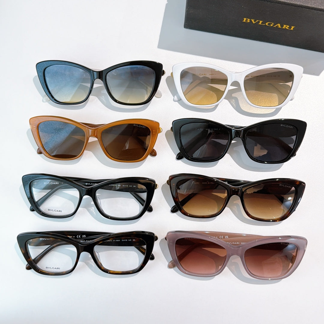 Assorted cat-eye glasses in multiple frame colors with tinted and clear lenses