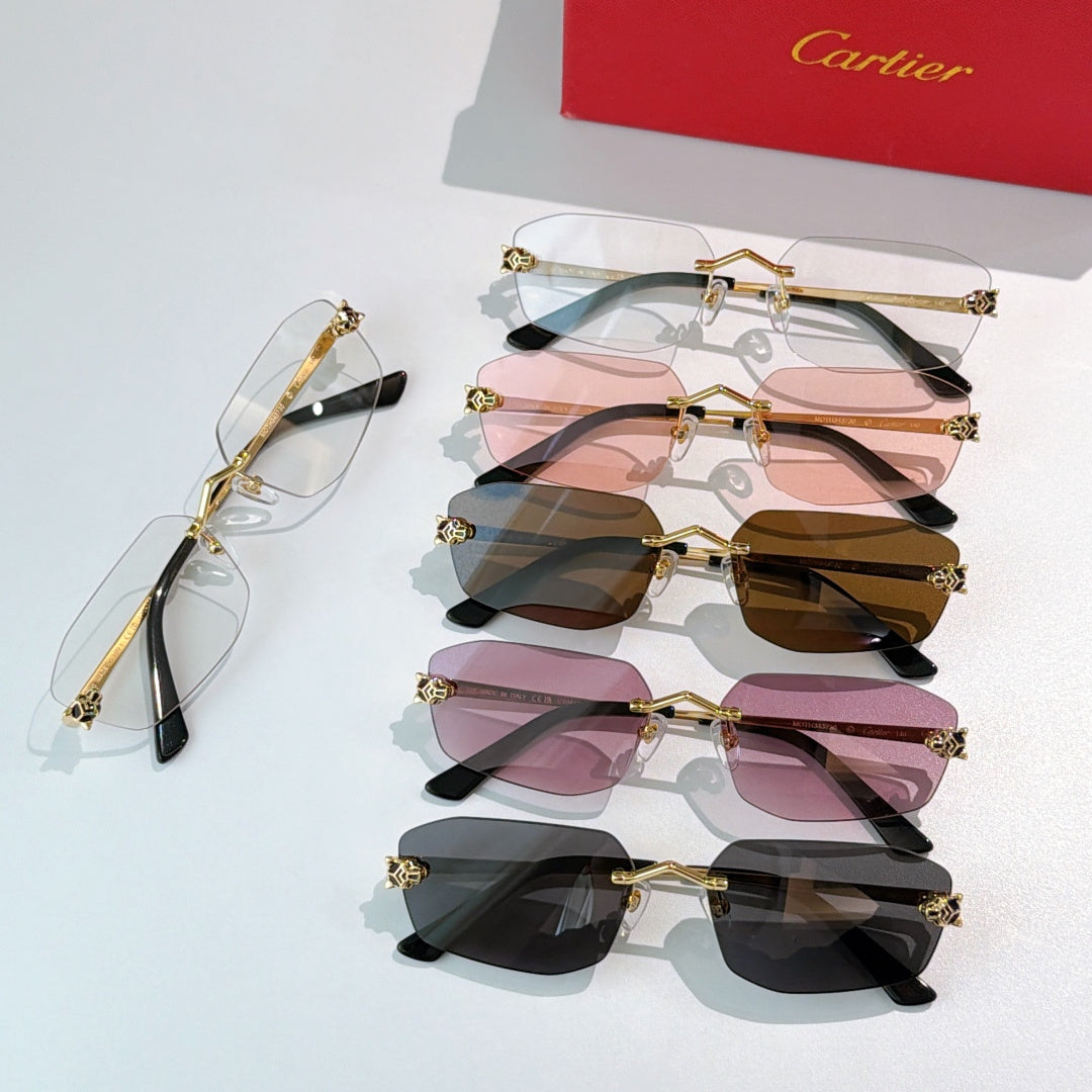 Cartier eyeglasses assortment with clear, pink, brown, and dark tinted lenses, gold frames.