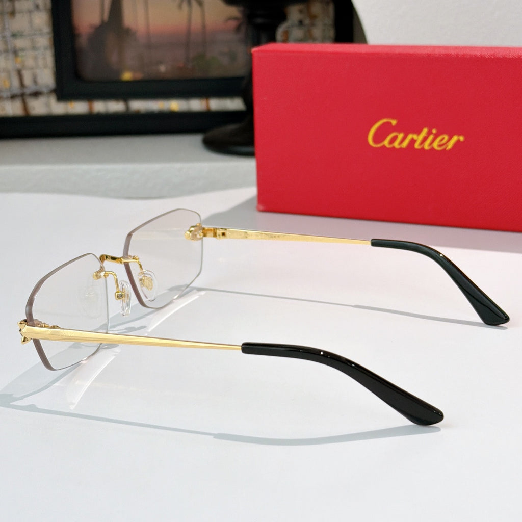 Cartier eyeglasses side view with clear lenses and gold metal frame, black temple tips.