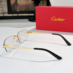 Cartier eyeglasses side view with clear lenses and gold metal frame, black temple tips.