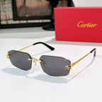 Cartier eyeglasses with dark gray tinted lenses and gold metal frame, black temple tips.