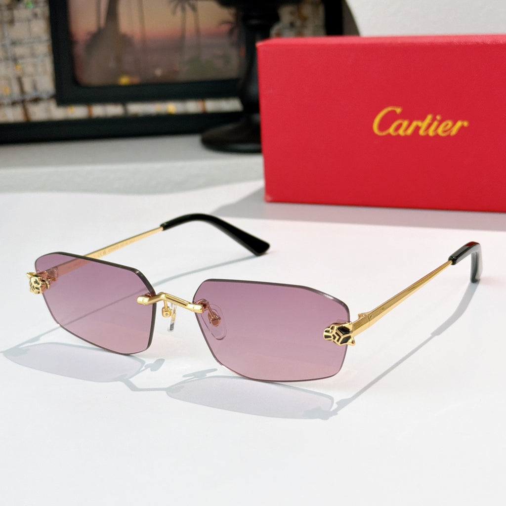 Cartier eyeglasses with purple tinted lenses and gold metal frame, black temple tips.