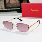 Cartier eyeglasses with purple tinted lenses and gold metal frame, black temple tips.