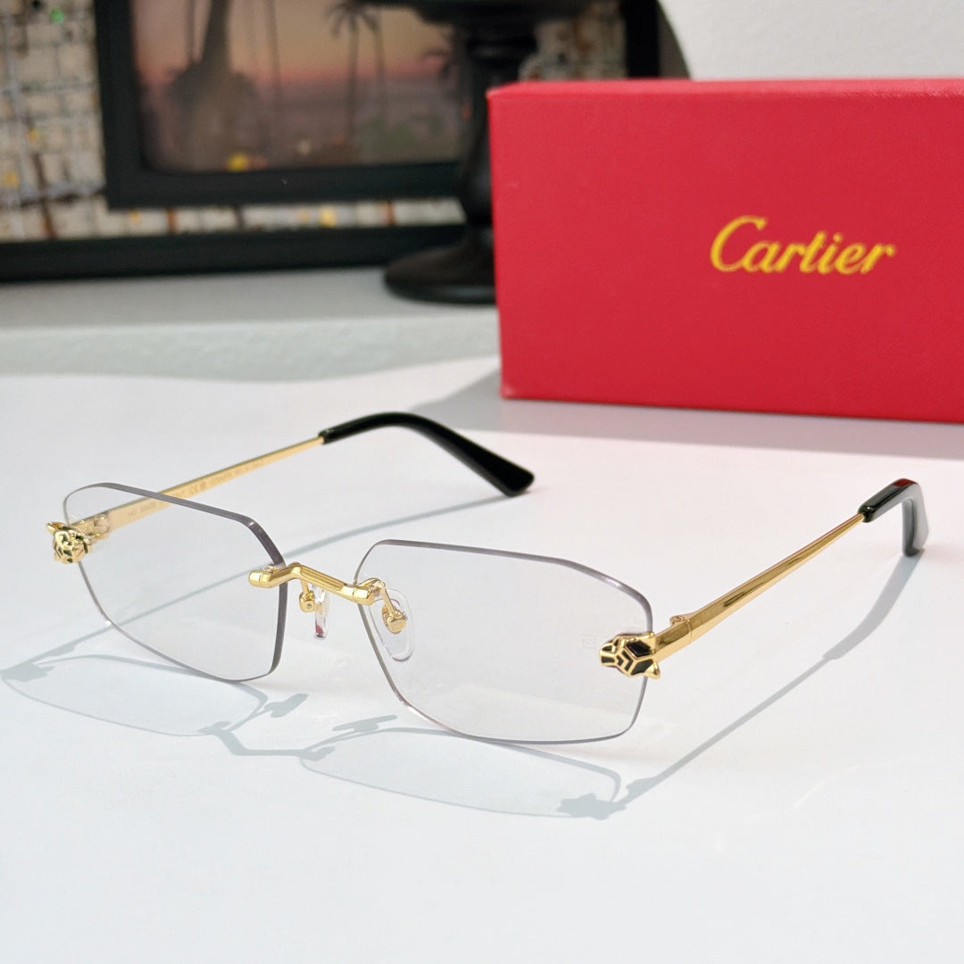 Cartier eyeglasses with clear lenses and gold metal frame, black temple tips.