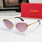Gold-tone sunglasses with purple-tinted lenses and black temple tips, slim cat-eye frame