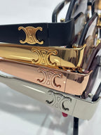 Celine sunglasses close-up: gold, silver, and dark temple with decorative logo