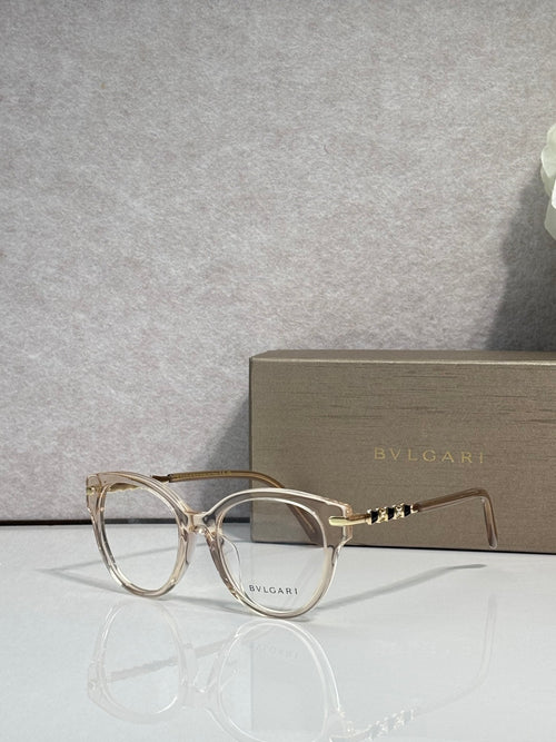 Bvlgari eyeglasses with light tortoise round frame and gold temple accents