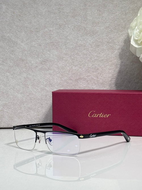 Cartier eyeglasses with dark frames and clear lenses, shown side profile