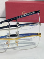 Cartier eyeglasses close-up front view with clear lenses and dark frame