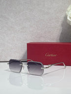 Dark-tone eyeglasses with smoky gray lenses and silver-tone metal temple accents.