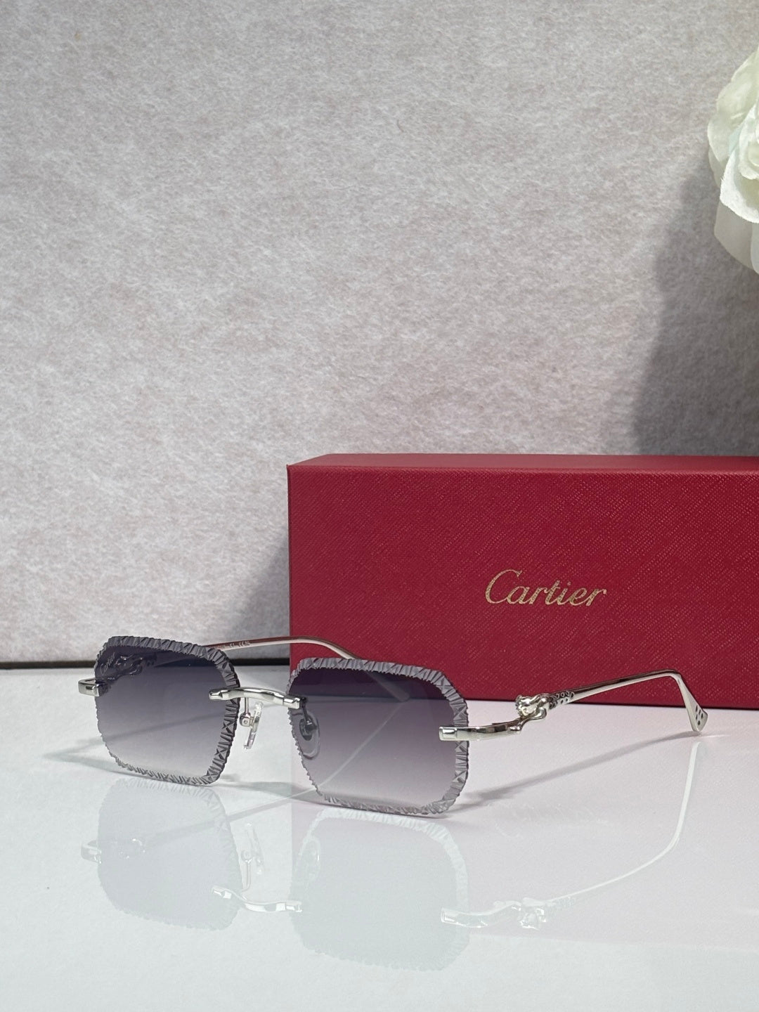 Dark-tone eyeglasses with smoky gray lenses and silver-tone metal temple accents.