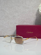 Gold-tone metal eyeglasses with smoky gray tinted lenses and decorative temple accents.