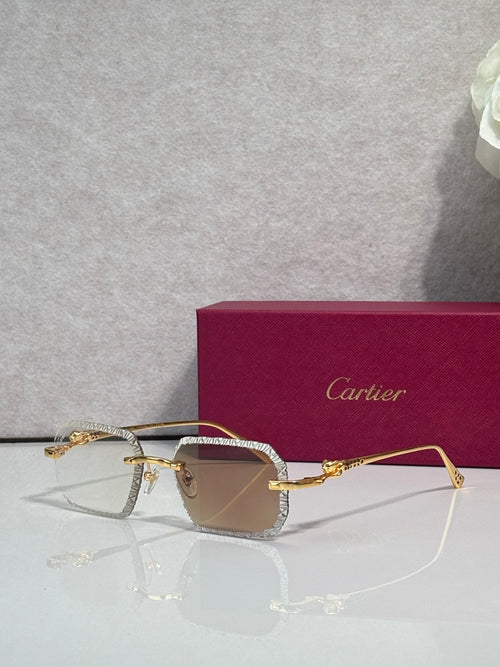 Gold-tone metal eyeglasses with smoky gray tinted lenses and decorative temple accents.