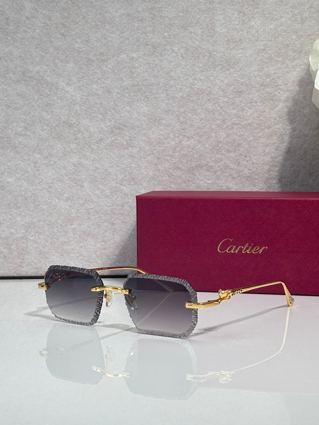 Dark-tone eyeglasses with smoky gray lenses and patterned texture on the temples.