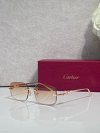 Cartier eyeglasses with gold-tone metal frame and tinted lenses, front view on stand