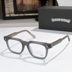 Gray rectangular eyeglass frames with metal temple arms and clear lenses