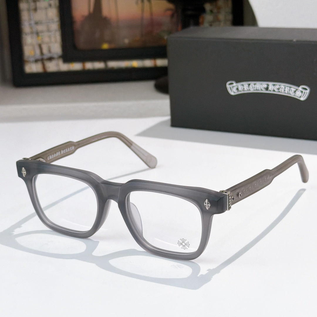 Gray rectangular eyeglass frames with metal temple arms and clear lenses