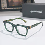 Green rectangular eyeglass frames with dark temples and clear lenses