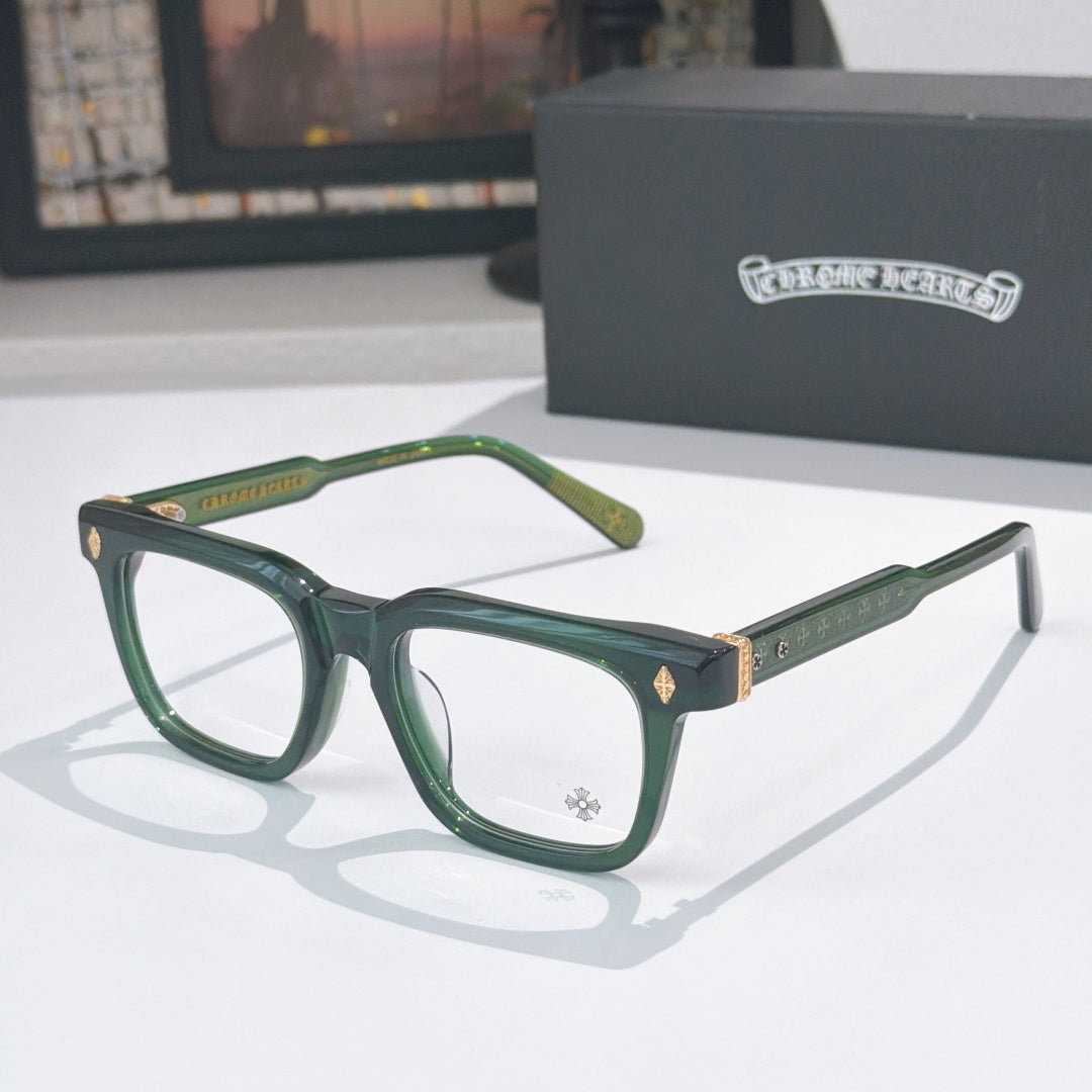Green rectangular eyeglass frames with dark temples and clear lenses