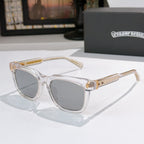 Chrome glasses with clear/silver frames, gray lenses, and gold temple details