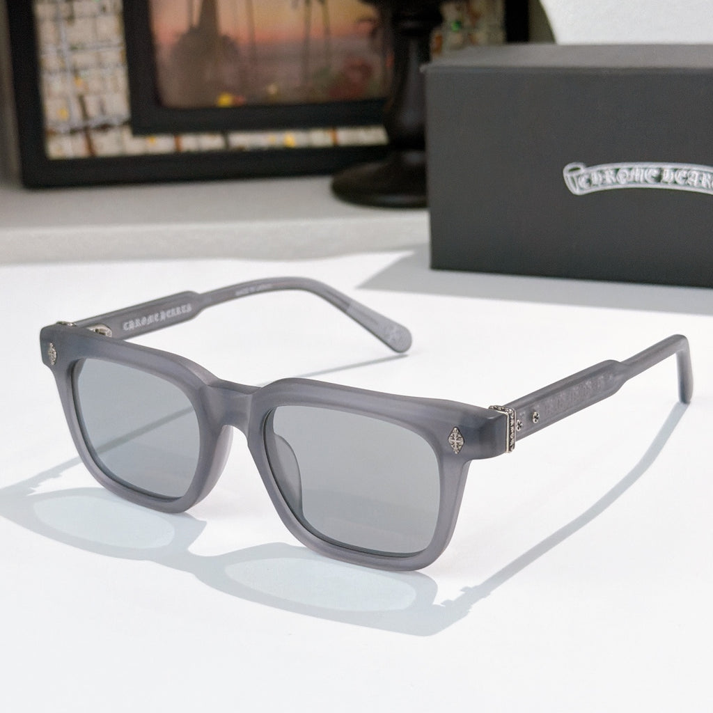 Chrome glasses with gray frames and light gray lenses with decorative temples