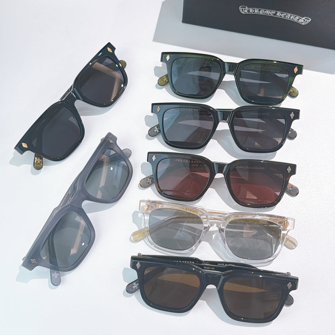 Chrome glasses assortment with mixed frame colors and tinted lenses on display
