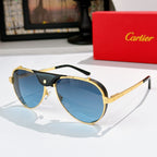 Cartier sunglasses with gold frame and blue tinted lenses, black temples
