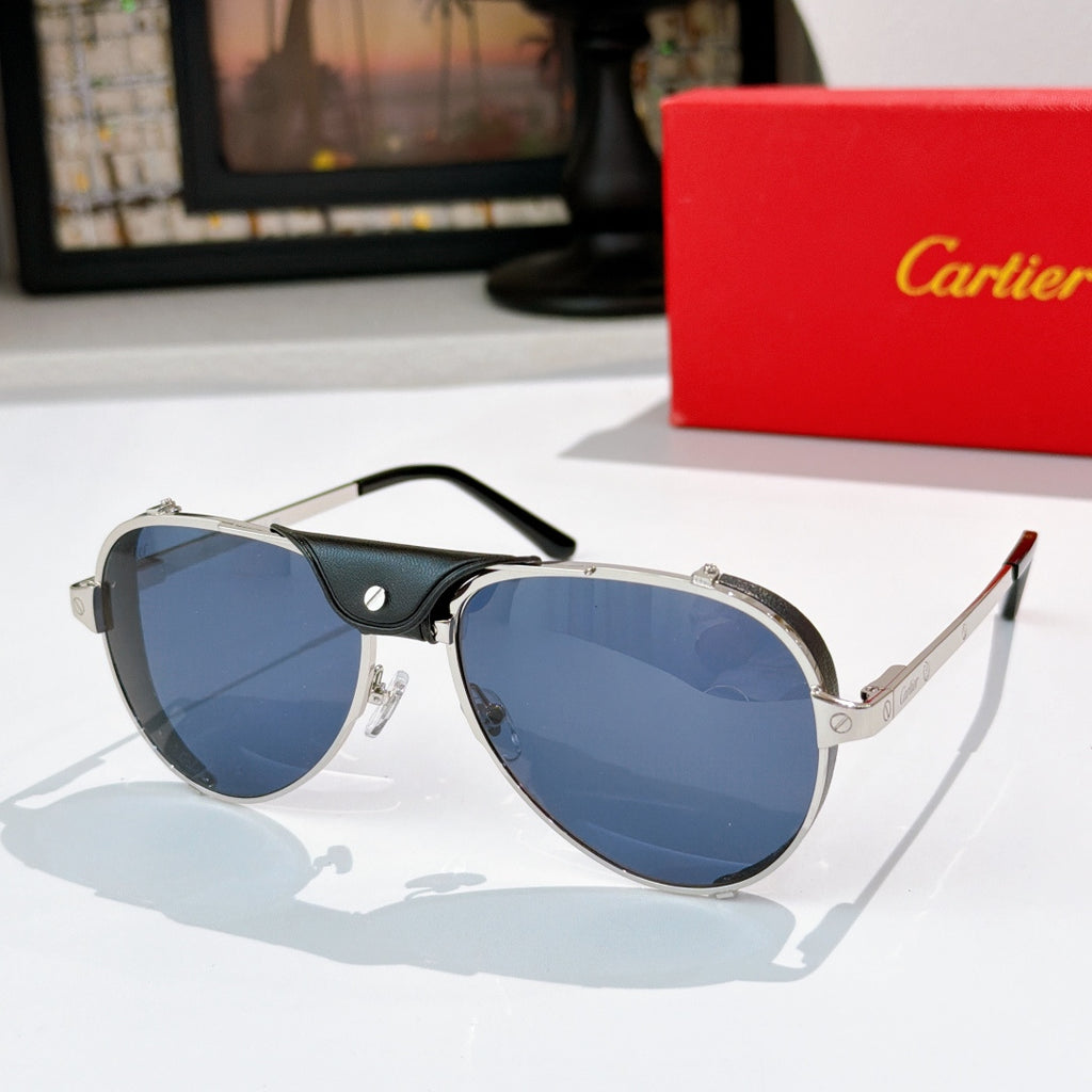 Cartier sunglasses with silver frame and blue tinted lenses, black temples