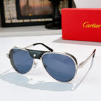Cartier sunglasses with silver frame and blue tinted lenses, black temples