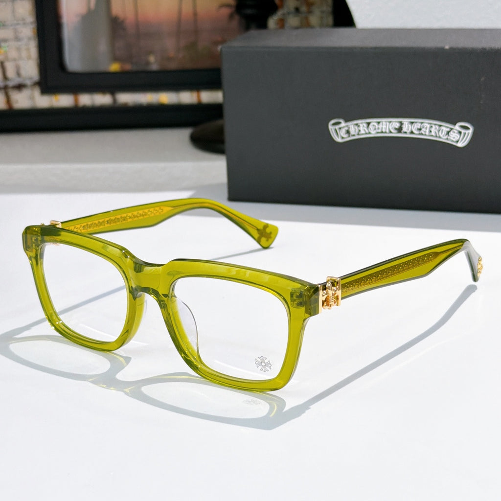 Greenish-yellow square eyeglasses with clear lenses and gold-tone temple detail